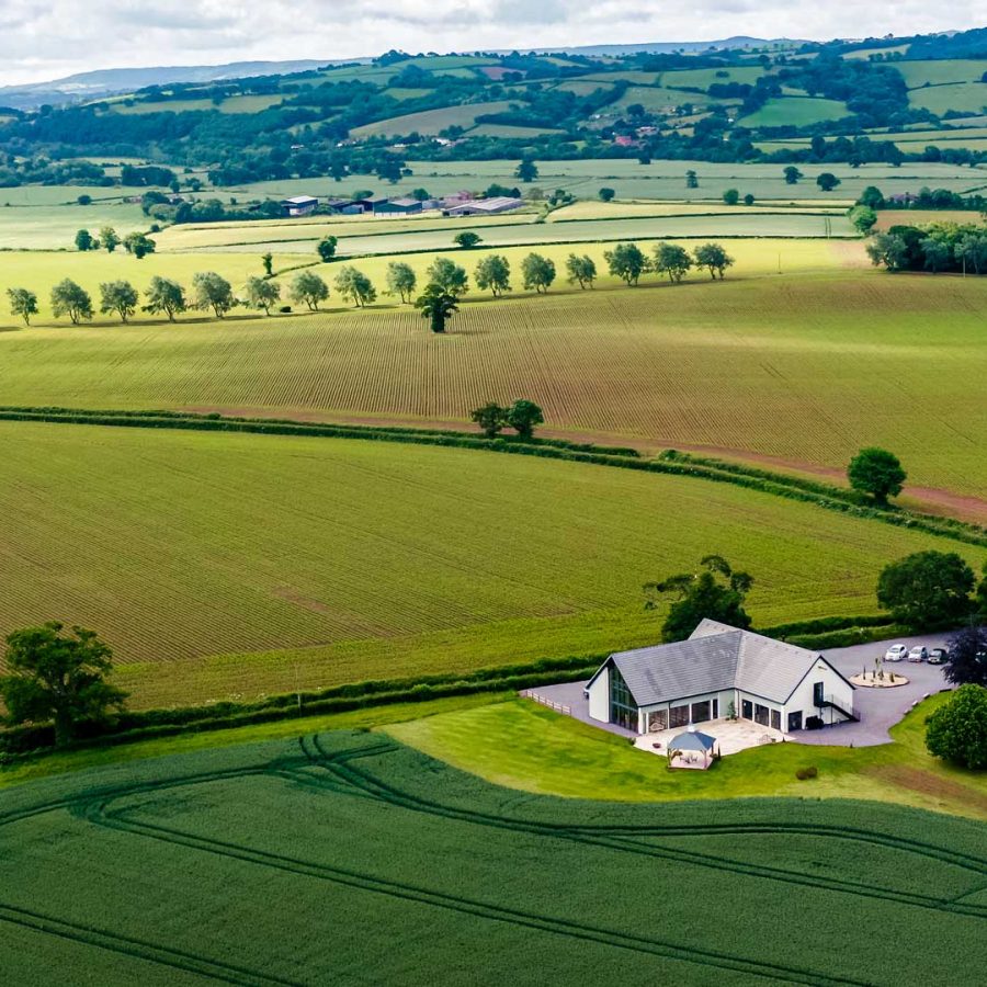 Drone photo of Harefield Barn wedding venue in Devon